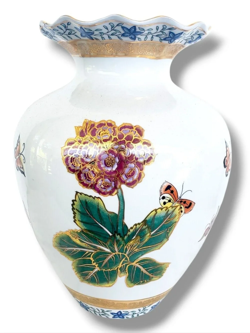 Vintage Porcelain Floral Vase Butterfly Gold Gilt Scalloped Hand Painted Asian